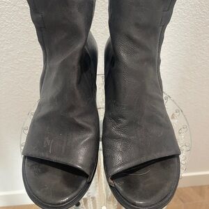 Black Leather Peep-Toe Boots